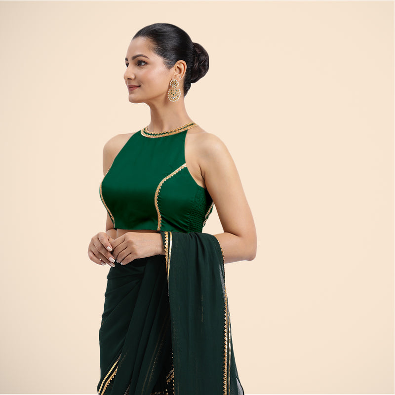 Zubeida x Tyohaar | Bottle Green Halterneck FlexiFit™ Saree Blouse with Elegant Golden Gota Embellishment on Princess Line-Binks