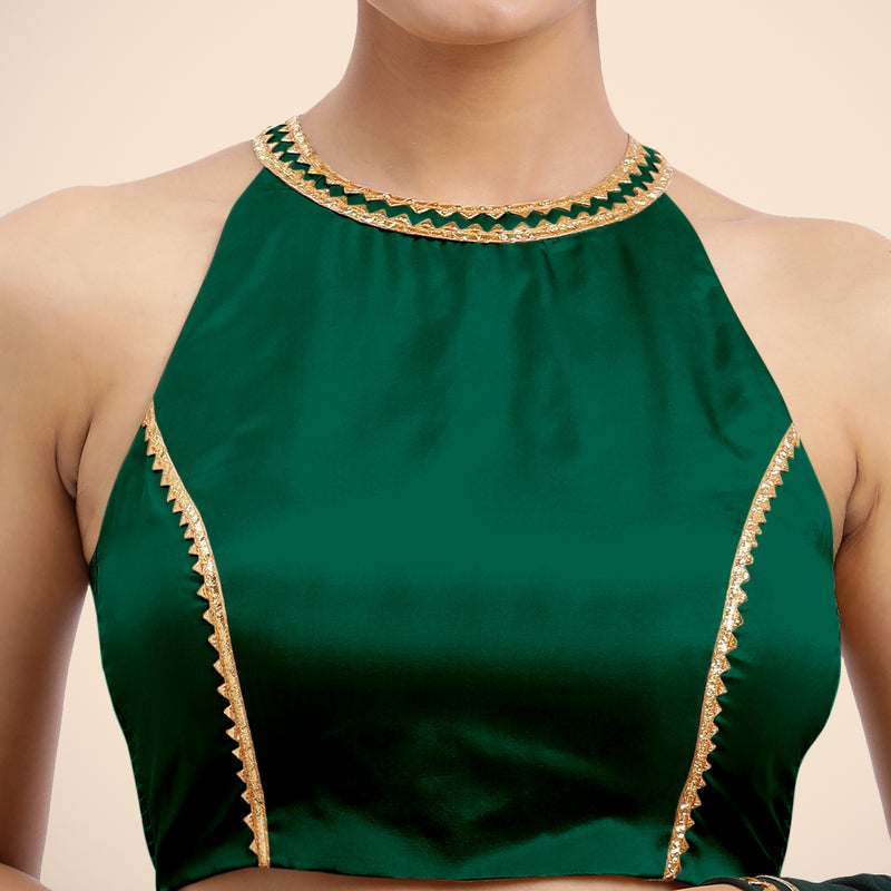 Zubeida x Tyohaar | Bottle Green Halterneck FlexiFit™ Saree Blouse with Elegant Golden Gota Embellishment on Princess Line-Binks