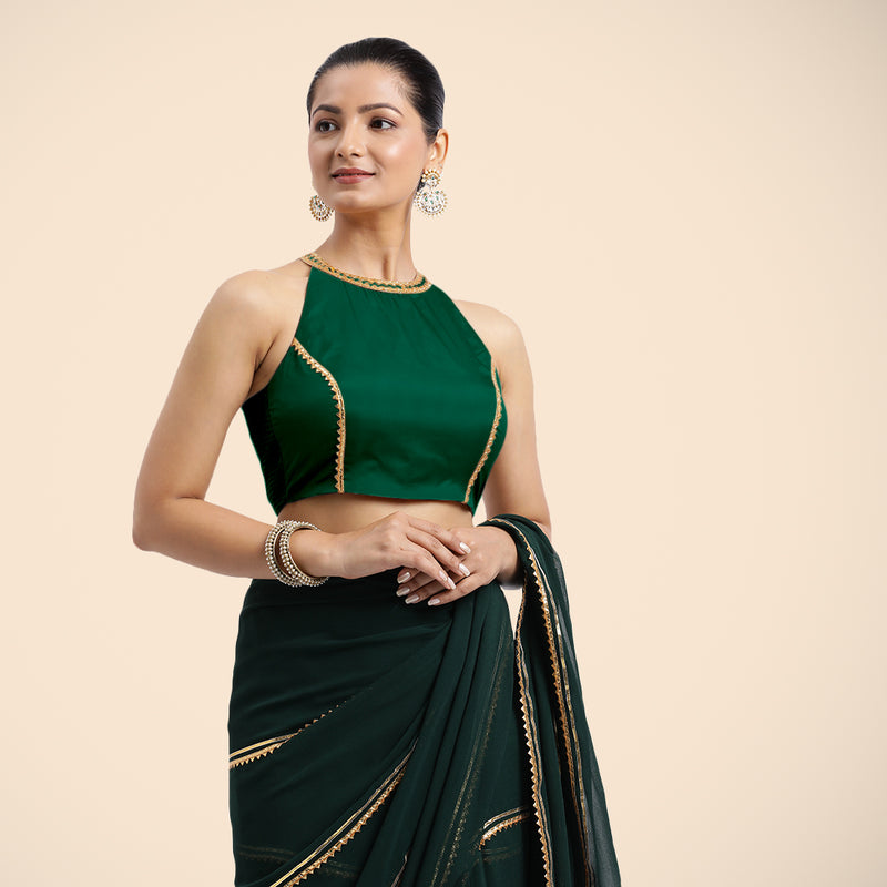 Zubeida x Tyohaar | Bottle Green Halterneck FlexiFit™ Saree Blouse with Elegant Golden Gota Embellishment on Princess Line-Binks