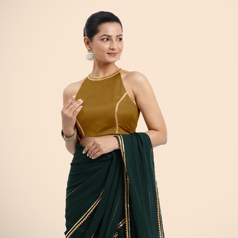 Zubeida x Tyohaar | Bronze Gold Halterneck FlexiFit™ Saree Blouse with Elegant Golden Gota Embellishment on Princess Line-Binks
