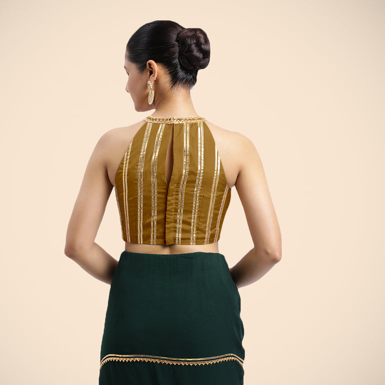 Zubeida x Tyohaar Saree Blouse, in Gold Vegan Silk, featuring sleeveless and halter neckline, made for party & festive (view 2).