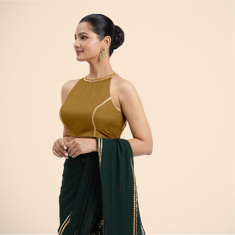 Zubeida x Tyohaar | Bronze Gold Halterneck FlexiFit™ Saree Blouse with Elegant Golden Gota Embellishment on Princess Line-Binks