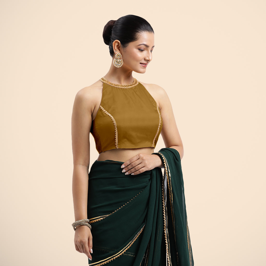 Zubeida x Tyohaar Saree Blouse, in Gold Vegan Silk, featuring sleeveless and halter neckline, made for party & festive (view 7).