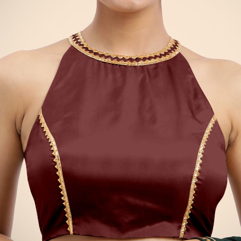 Zubeida x Tyohaar | Burgundy Halterneck FlexiFit™ Saree Blouse with Elegant Golden Gota Embellishment on Princess Line-Binks
