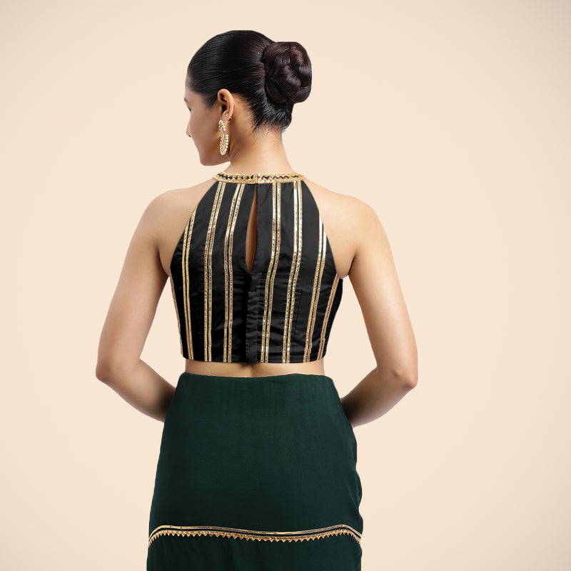 Zubeida x Tyohaar | Charcoal Black Halterneck FlexiFit™ Saree Blouse with Elegant Golden Gota Embellishment on Princess Line-Binks