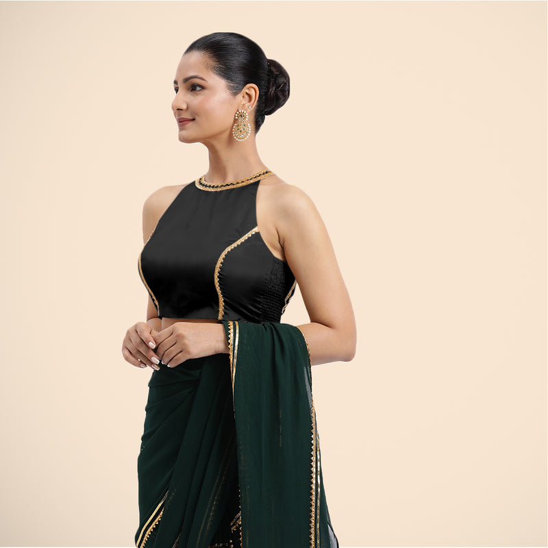 Zubeida x Tyohaar | Charcoal Black Halterneck FlexiFit™ Saree Blouse with Elegant Golden Gota Embellishment on Princess Line-Binks