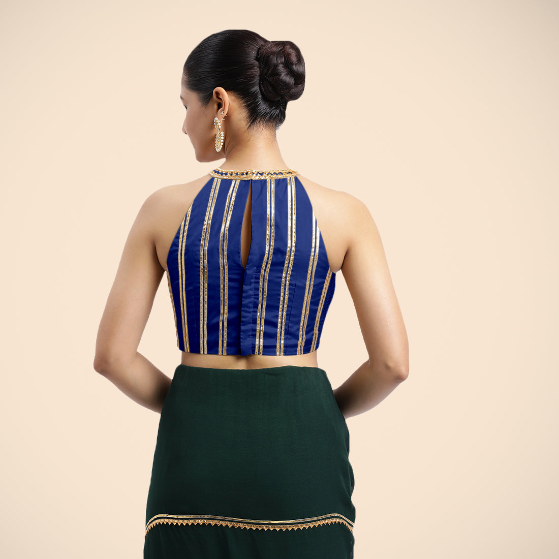 Zubeida x Tyohaar Saree Blouse, in Blue Vegan Silk, featuring sleeveless and halter neckline, made for party & festive (view 2).