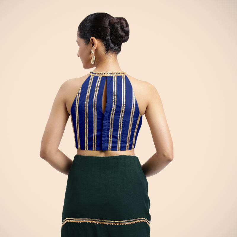 Zubeida x Tyohaar | Cobalt Blue Halterneck FlexiFit™ Saree Blouse with Elegant Golden Gota Embellishment on Princess Line-Binks