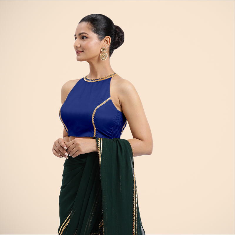 Zubeida x Tyohaar | Cobalt Blue Halterneck FlexiFit™ Saree Blouse with Elegant Golden Gota Embellishment on Princess Line-Binks