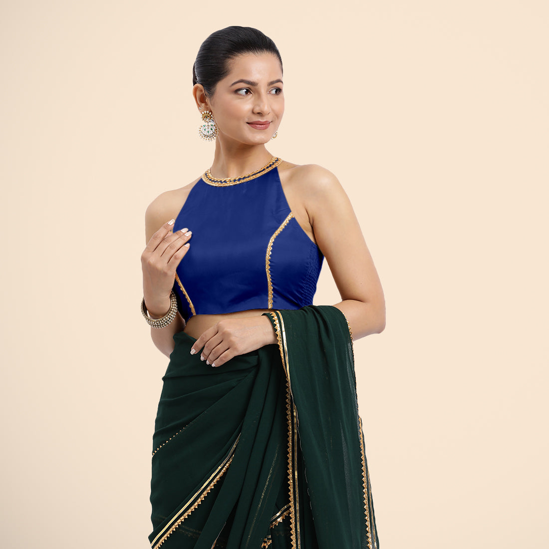Zubeida x Tyohaar Saree Blouse, in Blue Vegan Silk, featuring sleeveless and halter neckline, made for party & festive (view 6).