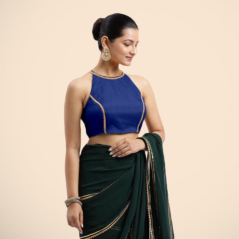 Zubeida x Tyohaar | Cobalt Blue Halterneck FlexiFit™ Saree Blouse with Elegant Golden Gota Embellishment on Princess Line-Binks