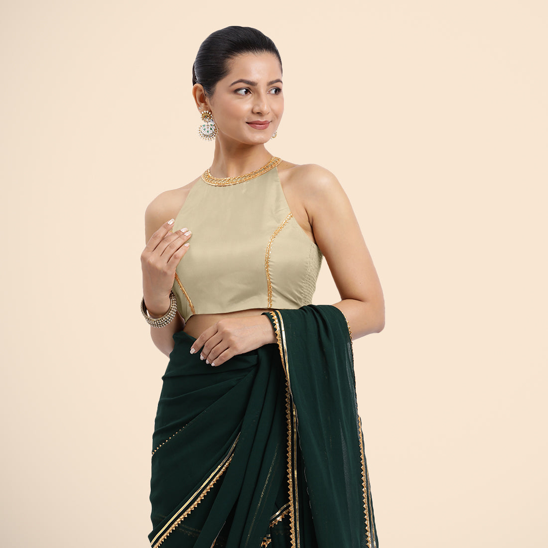 Zubeida x Tyohaar Saree Blouse, in Cream Vegan Silk, featuring sleeveless and halter neckline, made for party & festive.