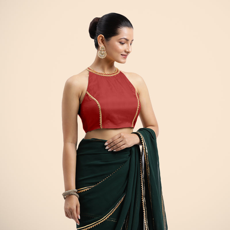 Zubeida x Tyohaar | Crimson Red Halterneck FlexiFit™ Saree Blouse with Elegant Golden Gota Embellishment on Princess Line-Binks