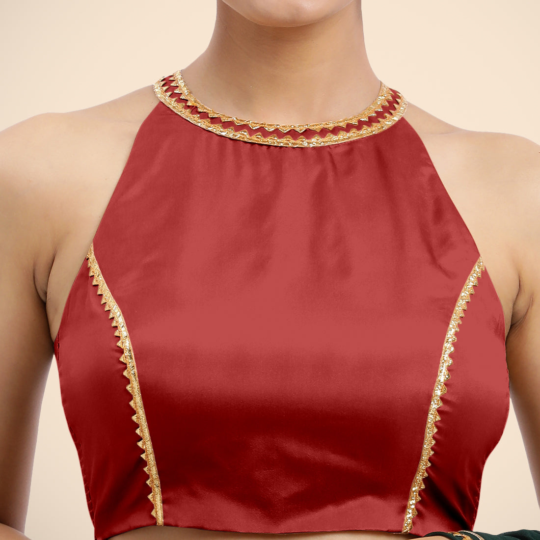 Zubeida x Tyohaar Saree Blouse, in Red Vegan Silk, featuring sleeveless and halter neckline, made for party & festive (view 7).