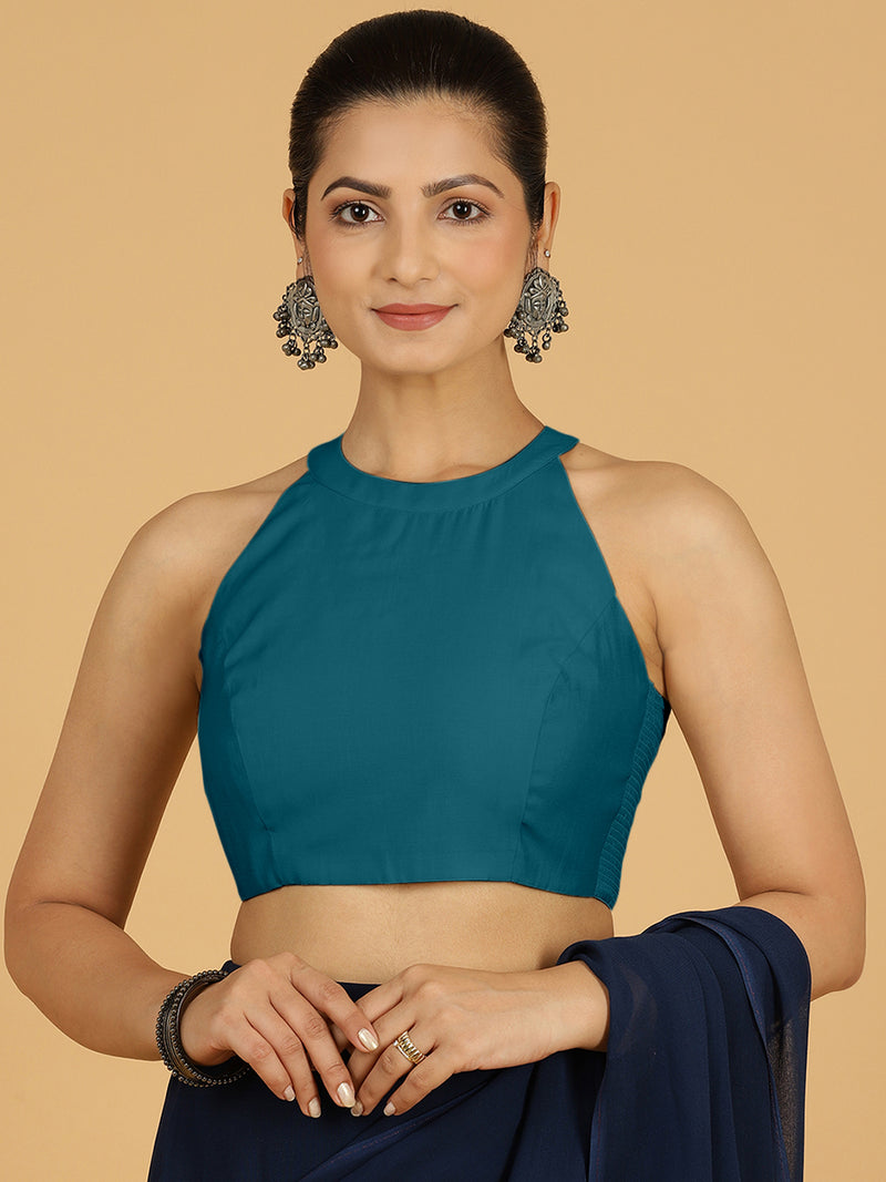 Zubeida x Rozaana | Crystal Teal Sleeveless Halter Neck Saree Blouse-Binks