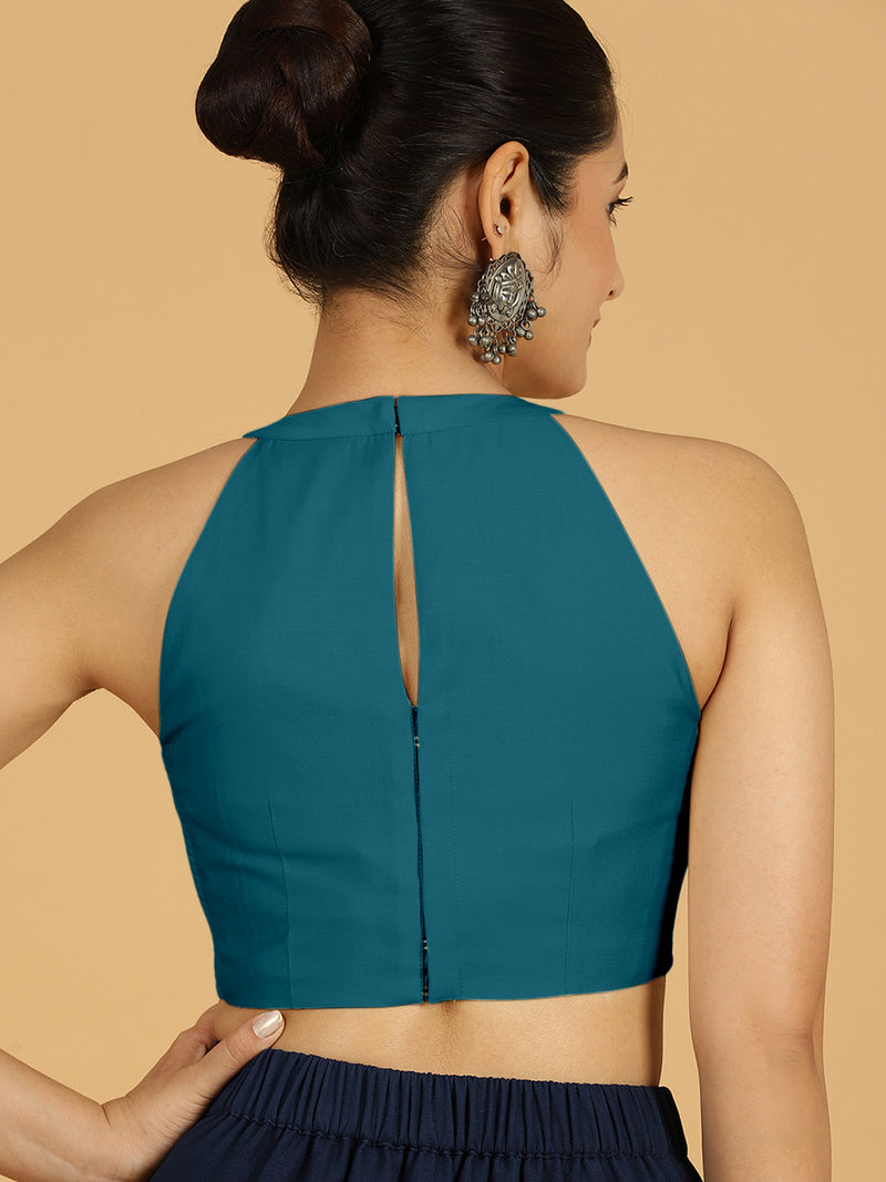Zubeida x Rozaana | Crystal Teal Sleeveless Halter Neck Saree Blouse-Binks