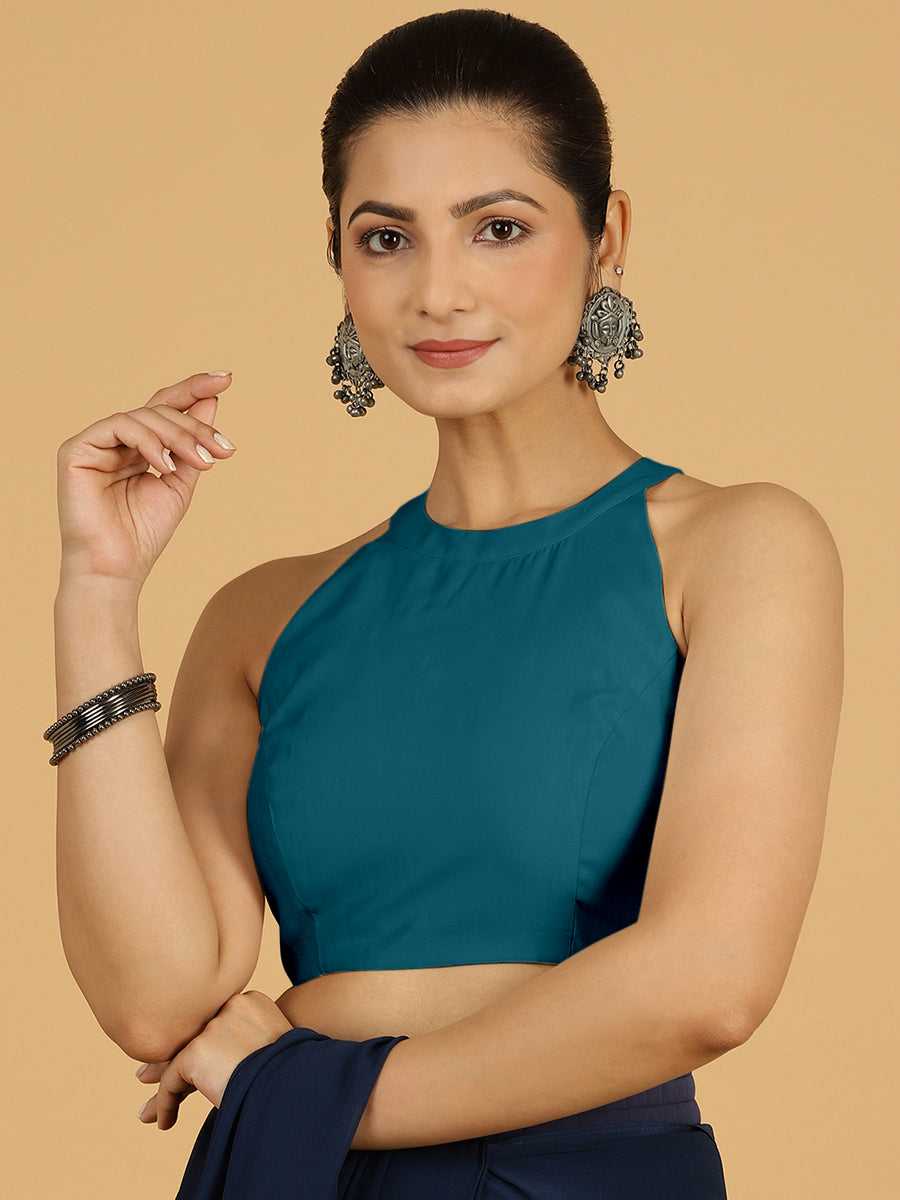 Zubeida x Rozaana Saree Blouse, in Blue Viscose, featuring sleeveless and halter neckline, made for daily & work (view 8).