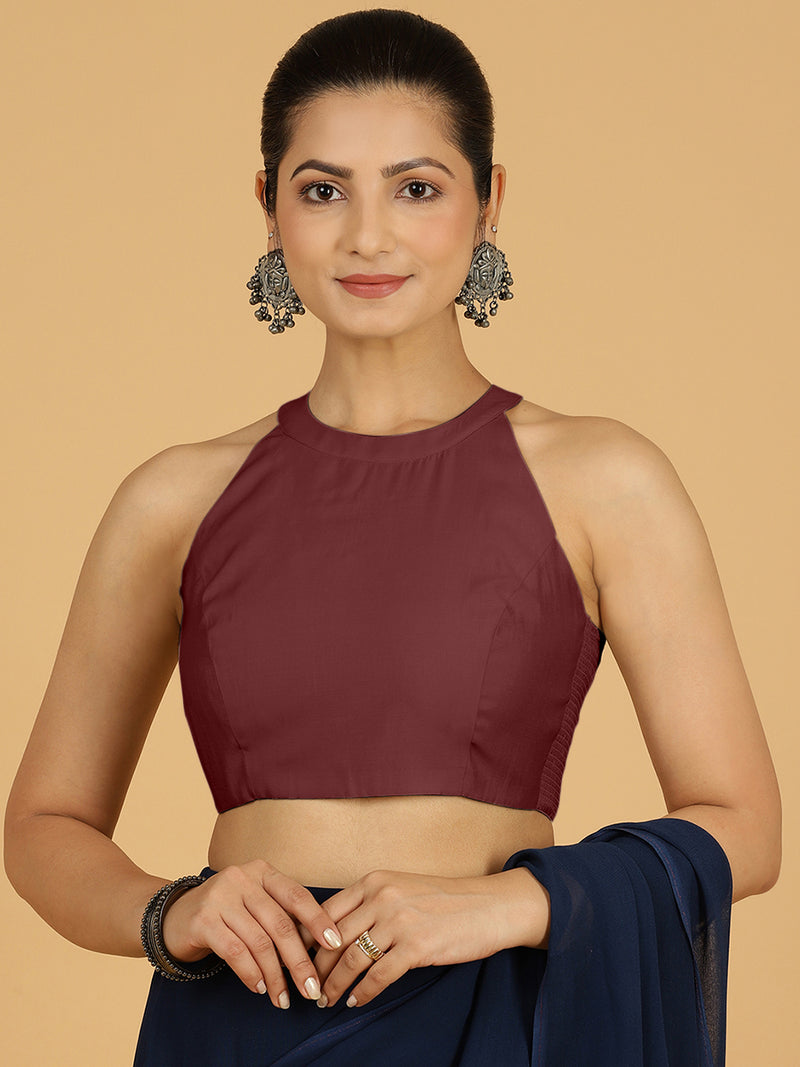Zubeida x Rozaana | Deep Maroon Sleeveless Halter Neck Saree Blouse-Binks