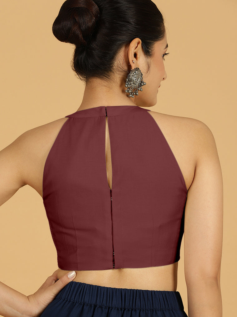 Zubeida x Rozaana Saree Blouse, in Maroon Viscose, featuring sleeveless and halter neckline, made for daily & work (view 2).