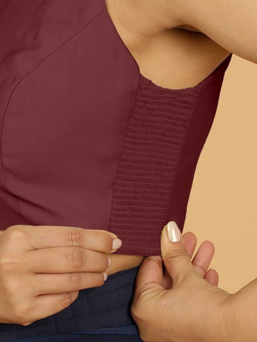 Zubeida x Rozaana Saree Blouse, in Maroon Viscose, featuring sleeveless and halter neckline, made for daily & work (view 3).