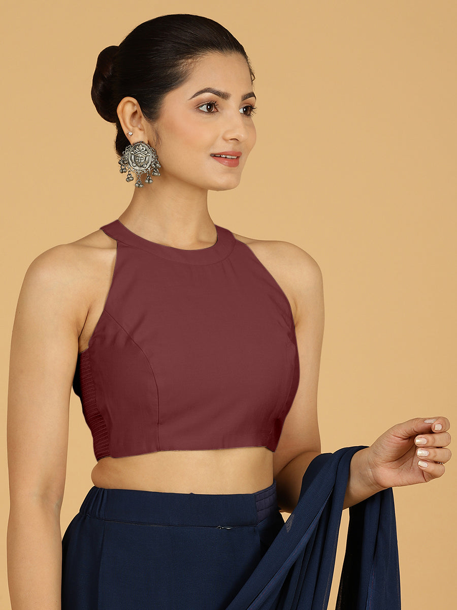 Zubeida x Rozaana Saree Blouse, in Maroon Viscose, featuring sleeveless and halter neckline, made for daily & work (view 5).