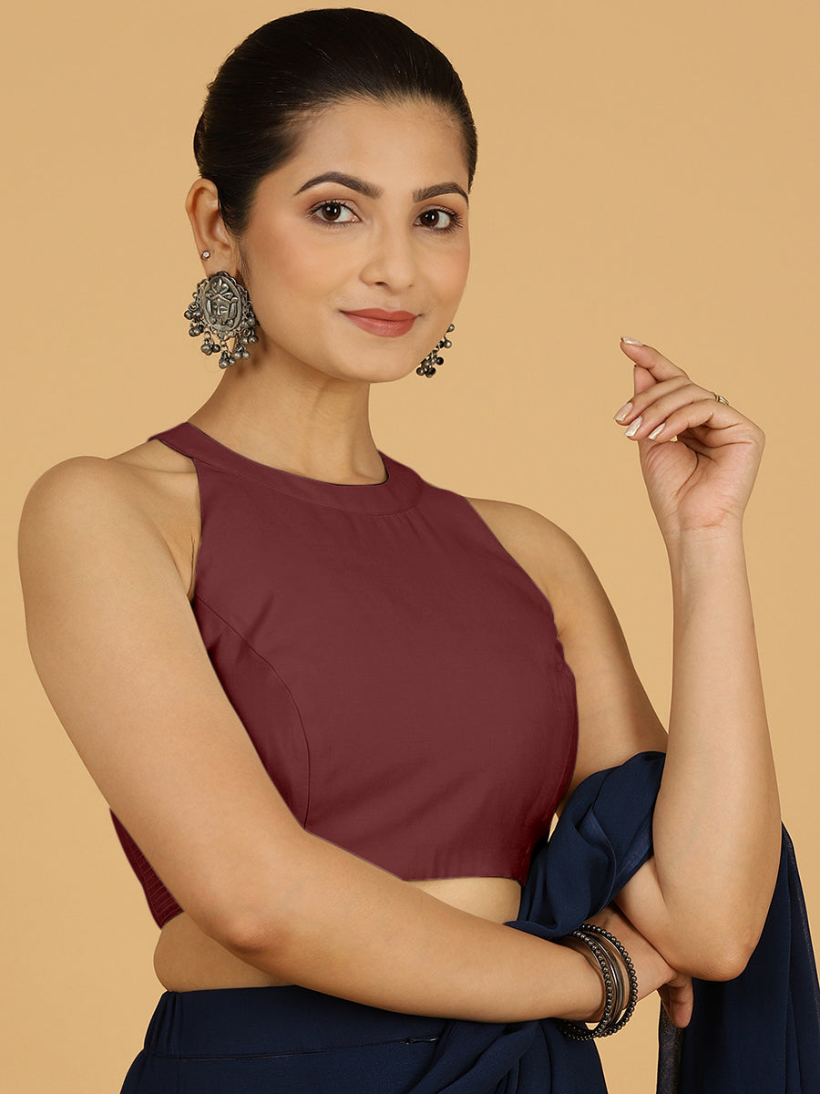 Zubeida x Rozaana Saree Blouse, in Maroon Viscose, featuring sleeveless and halter neckline, made for daily & work (view 8).