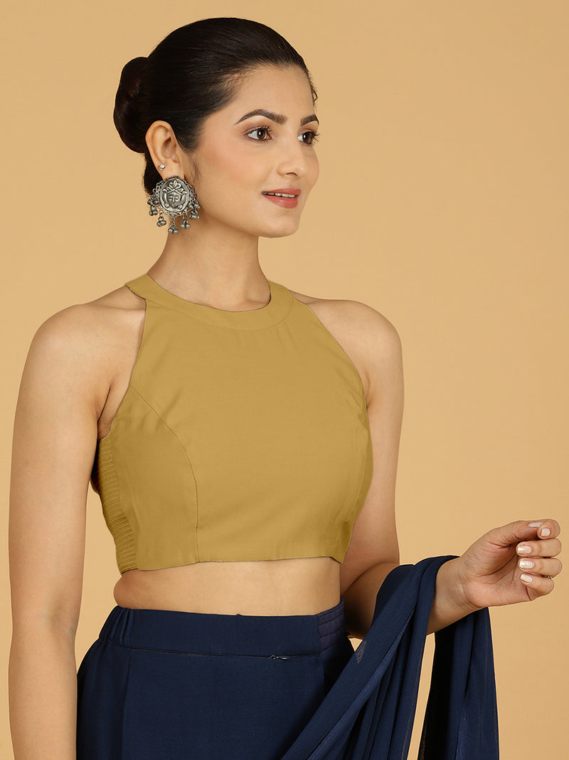 Zubeida x Rozaana | Dijon Mustard Sleeveless Halter Neck Saree Blouse-Binks