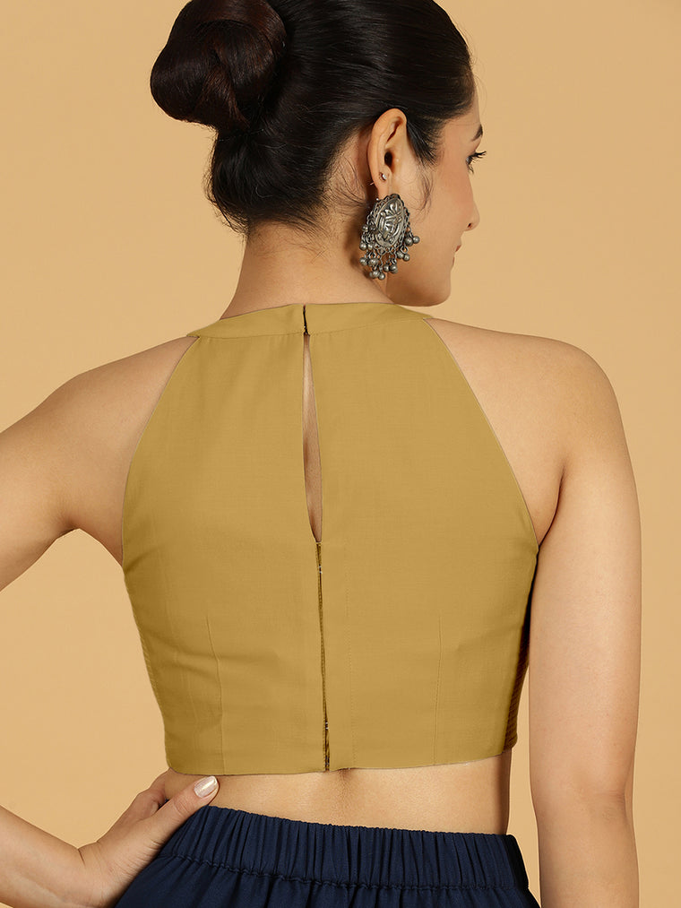 Zubeida x Rozaana Saree Blouse, in Yellow Viscose, featuring sleeveless and halter neckline, made for daily & work (view 2).