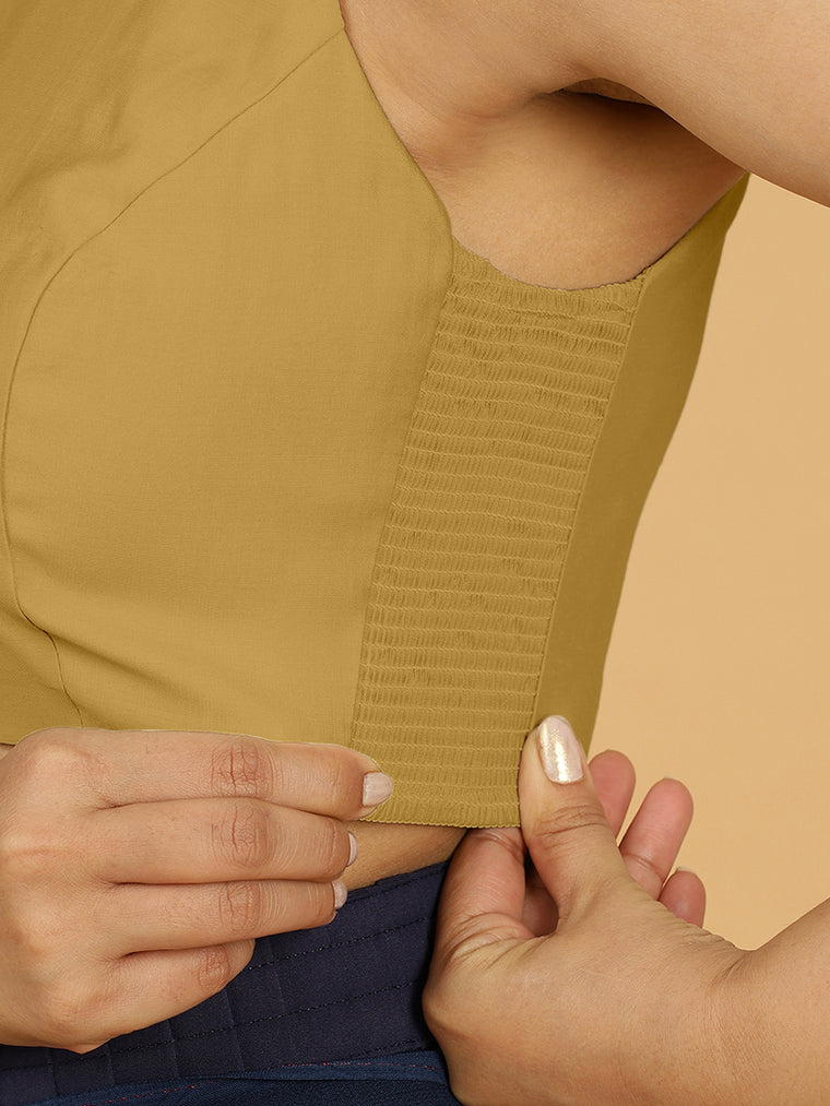 Zubeida x Rozaana Saree Blouse, in Yellow Viscose, featuring sleeveless and halter neckline, made for daily & work (view 3).
