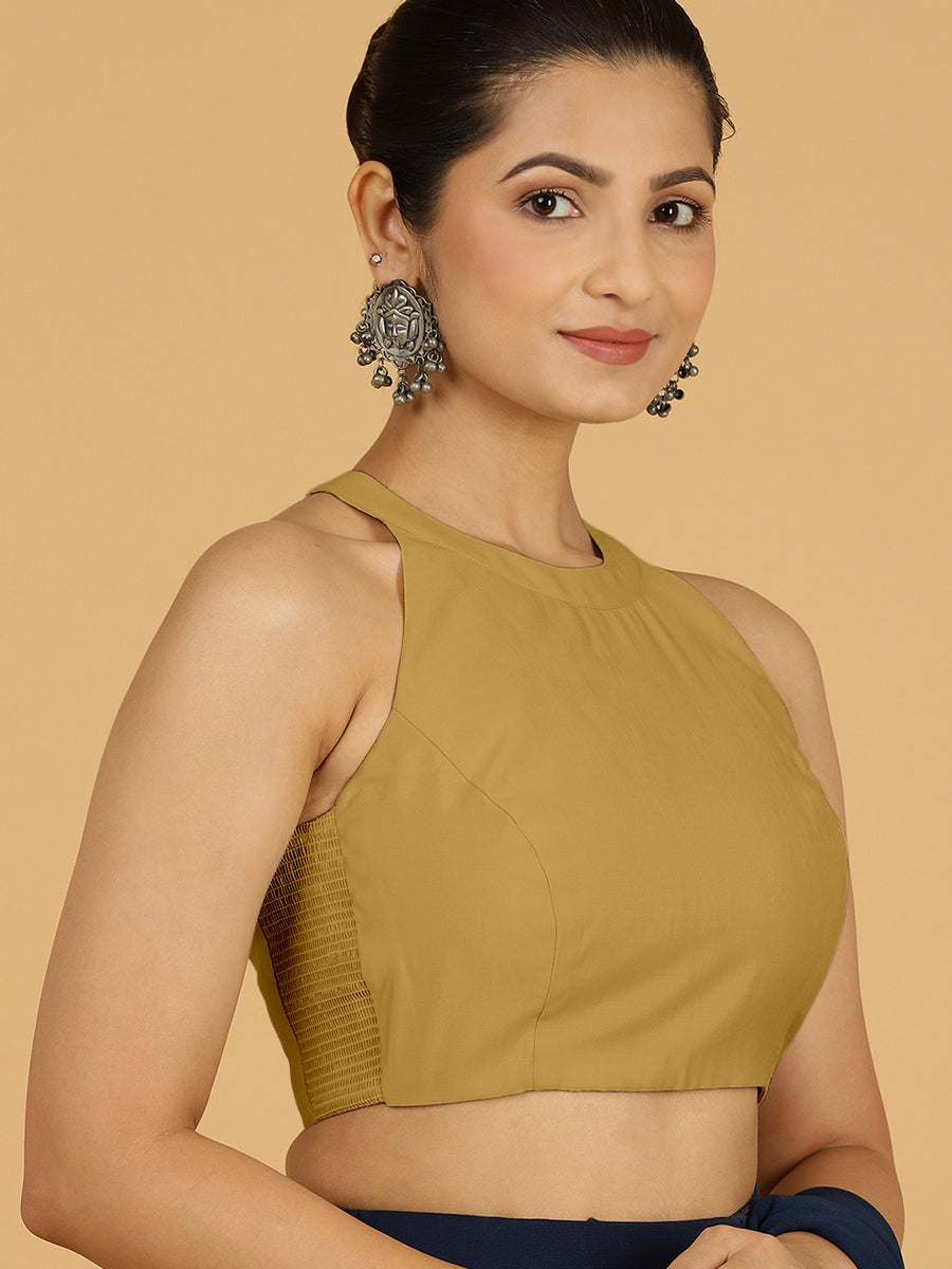 Zubeida x Rozaana Saree Blouse, in Yellow Viscose, featuring sleeveless and halter neckline, made for daily & work (view 5).