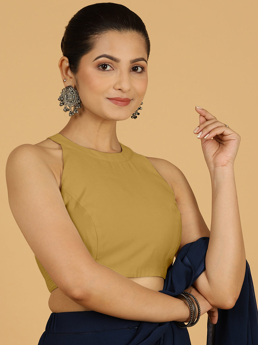 Zubeida x Rozaana Saree Blouse, in Yellow Viscose, featuring sleeveless and halter neckline, made for daily & work (view 8).