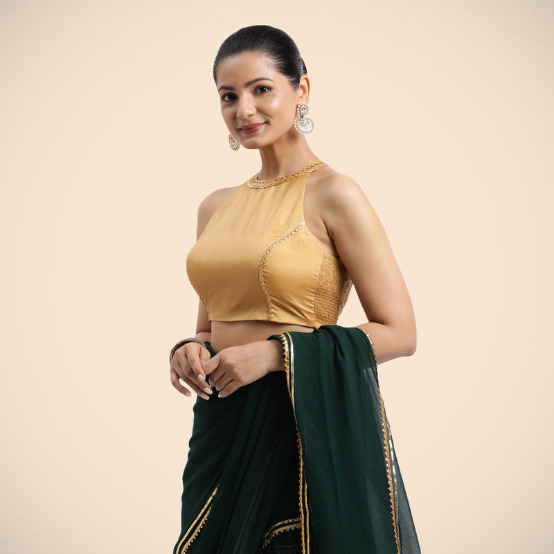 Zubeida x Tyohaar | Gold Halterneck FlexiFit™ Saree Blouse with Elegant Golden Gota Embellishment on Princess Line-Binks