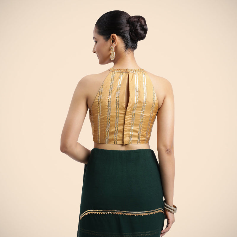 Zubeida x Tyohaar | Gold Halterneck FlexiFit™ Saree Blouse with Elegant Golden Gota Embellishment on Princess Line-Binks