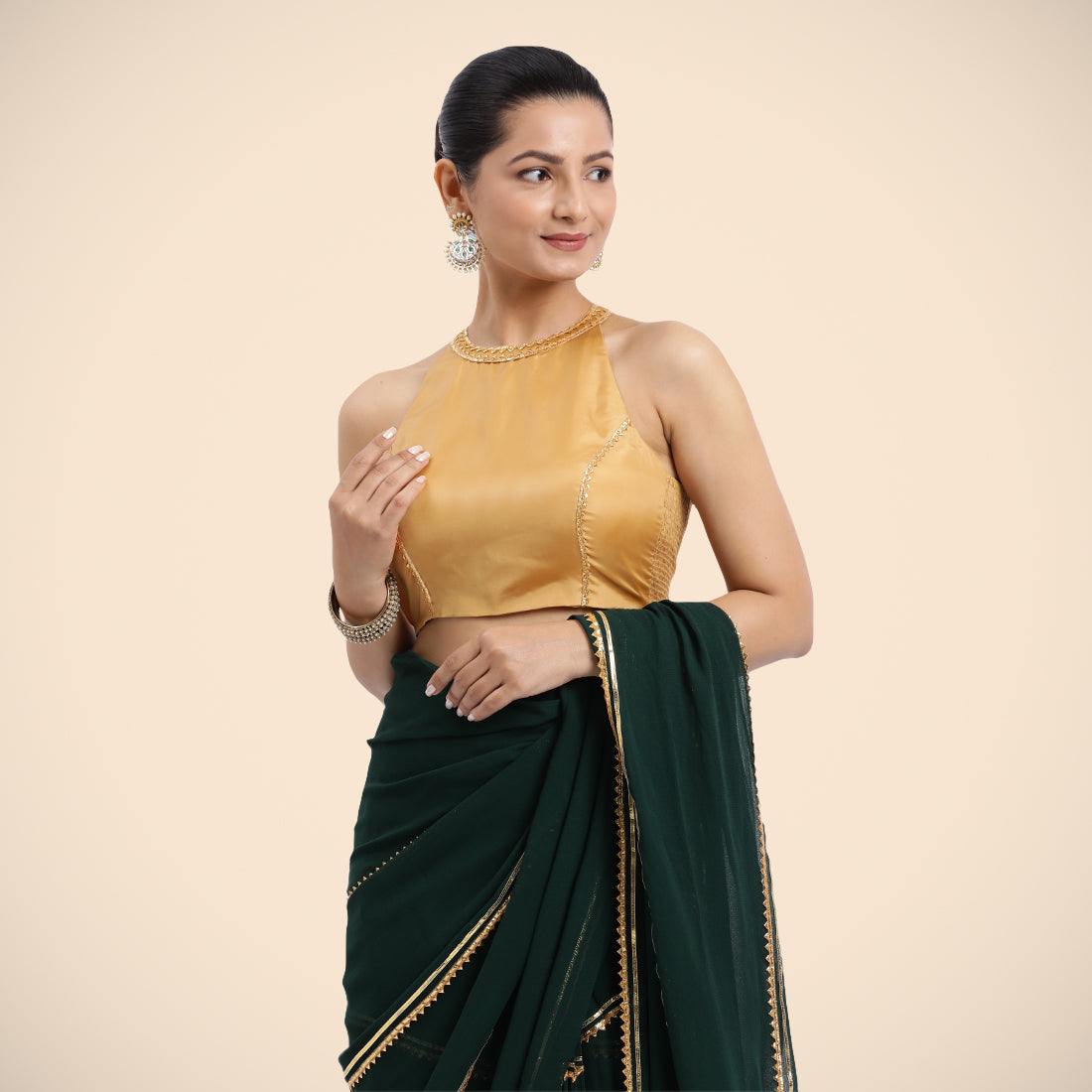Zubeida x Tyohaar Saree Blouse, in Gold Vegan Silk, featuring sleeveless and halter neckline, made for party & festive (view 5).