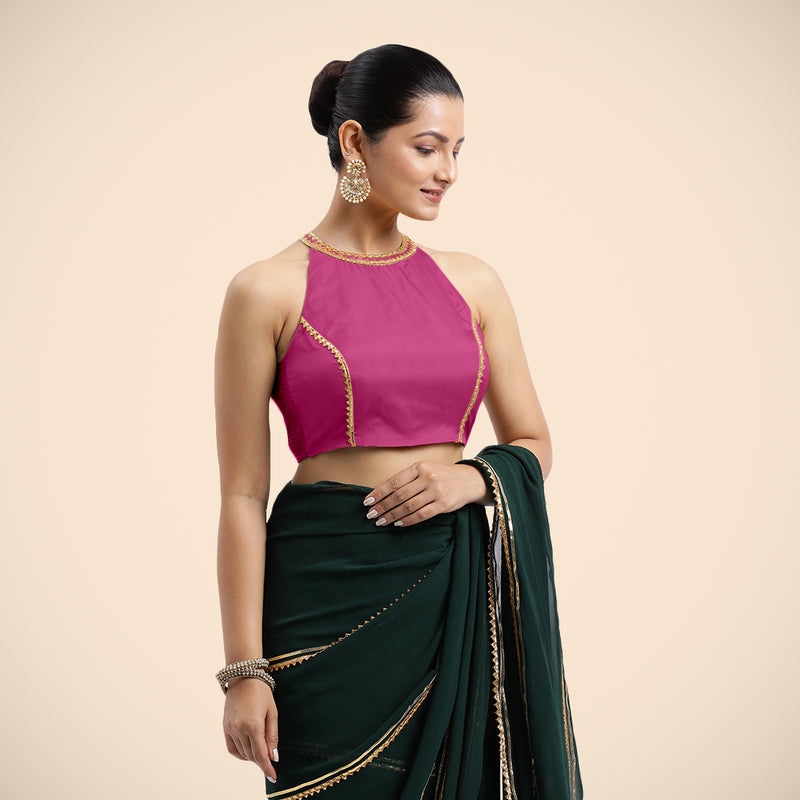 Zubeida x Tyohaar | Sleeveless Hot Pink FlexiFit™ Gota Embellished Saree Blouse with Halter Neck-Binks