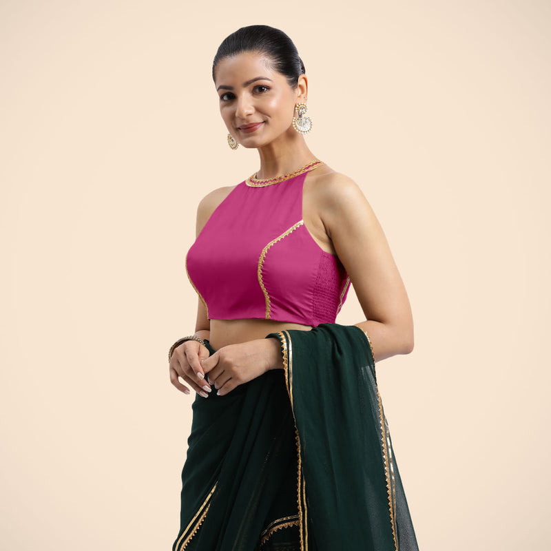 Zubeida x Tyohaar | Sleeveless Hot Pink FlexiFit™ Gota Embellished Saree Blouse with Halter Neck-Binks