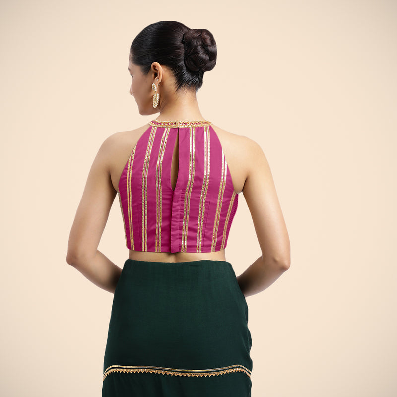Zubeida x Tyohaar | Sleeveless Hot Pink FlexiFit™ Gota Embellished Saree Blouse with Halter Neck-Binks