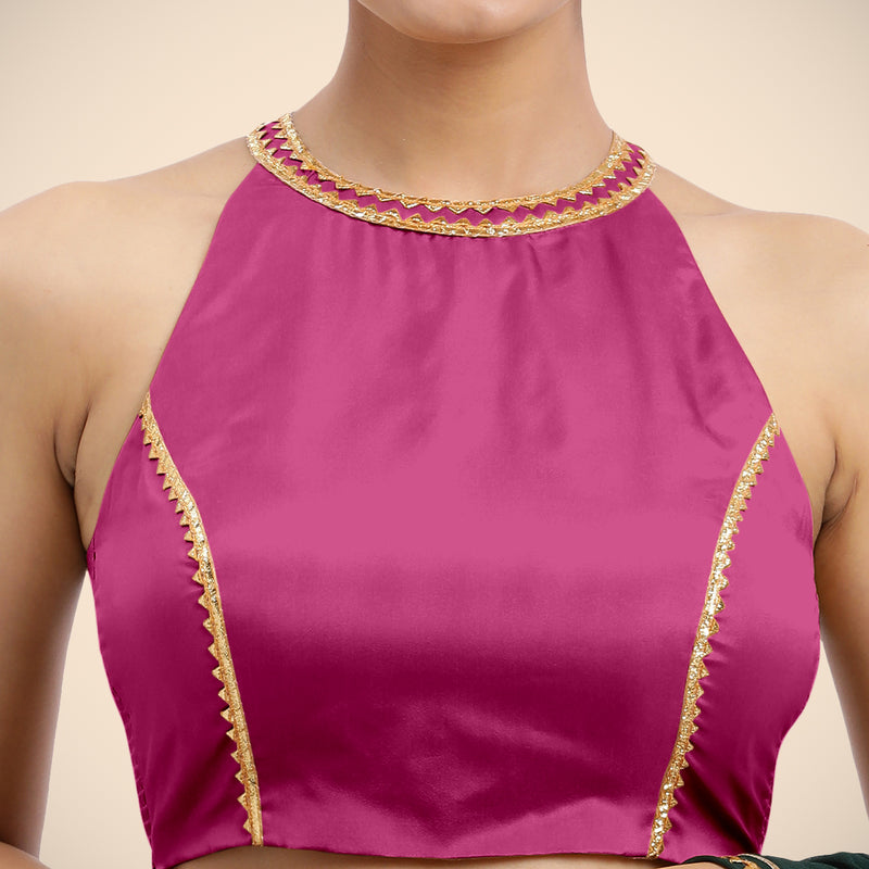 Zubeida x Tyohaar | Sleeveless Hot Pink FlexiFit™ Gota Embellished Saree Blouse with Halter Neck-Binks