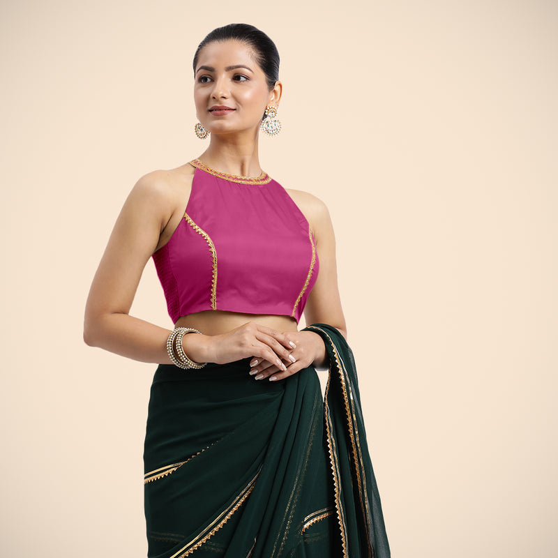 Zubeida x Tyohaar | Sleeveless Hot Pink FlexiFit™ Gota Embellished Saree Blouse with Halter Neck-Binks