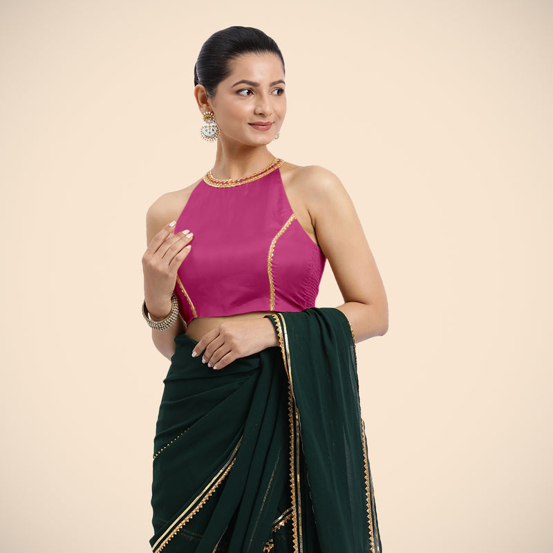 Zubeida x Tyohaar | Sleeveless Hot Pink FlexiFit™ Gota Embellished Saree Blouse with Halter Neck-Binks