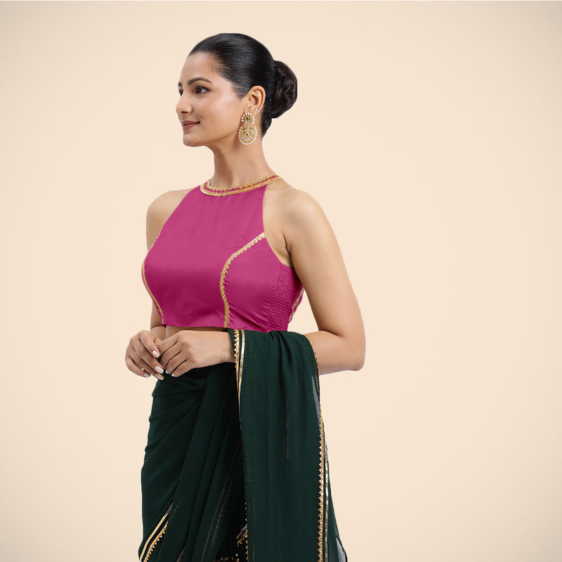 Zubeida x Tyohaar | Sleeveless Hot Pink FlexiFit™ Gota Embellished Saree Blouse with Halter Neck-Binks