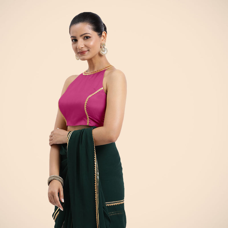 Zubeida x Tyohaar | Sleeveless Hot Pink FlexiFit™ Gota Embellished Saree Blouse with Halter Neck-Binks