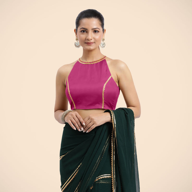 Zubeida x Tyohaar | Sleeveless Hot Pink FlexiFit™ Gota Embellished Saree Blouse with Halter Neck-Binks