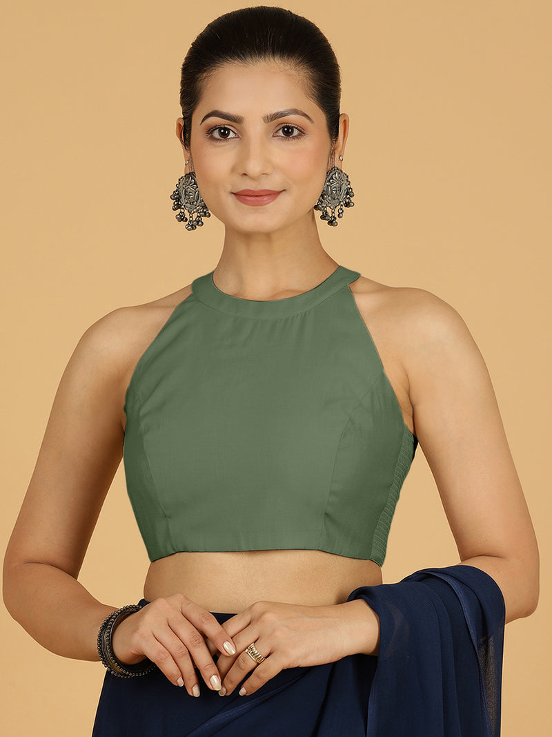 Zubeida x Rozaana | Hunter Green Sleeveless Halter Neck Saree Blouse-Binks