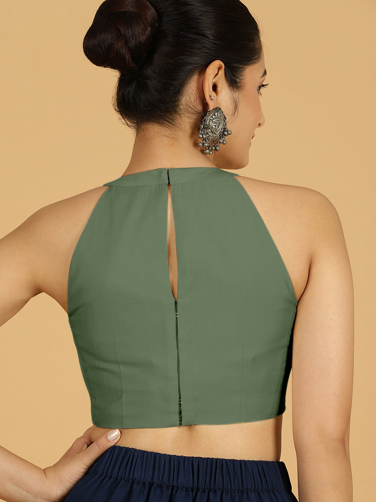 Zubeida x Rozaana Saree Blouse, in Green Viscose, featuring sleeveless and halter neckline, made for daily & work (view 2).