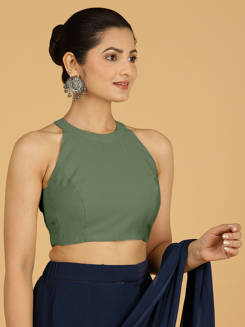 Zubeida x Rozaana | Hunter Green Sleeveless Halter Neck Saree Blouse-Binks