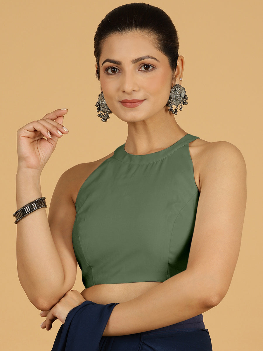 Zubeida x Rozaana Saree Blouse, in Green Viscose, featuring sleeveless and halter neckline, made for daily & work (view 7).