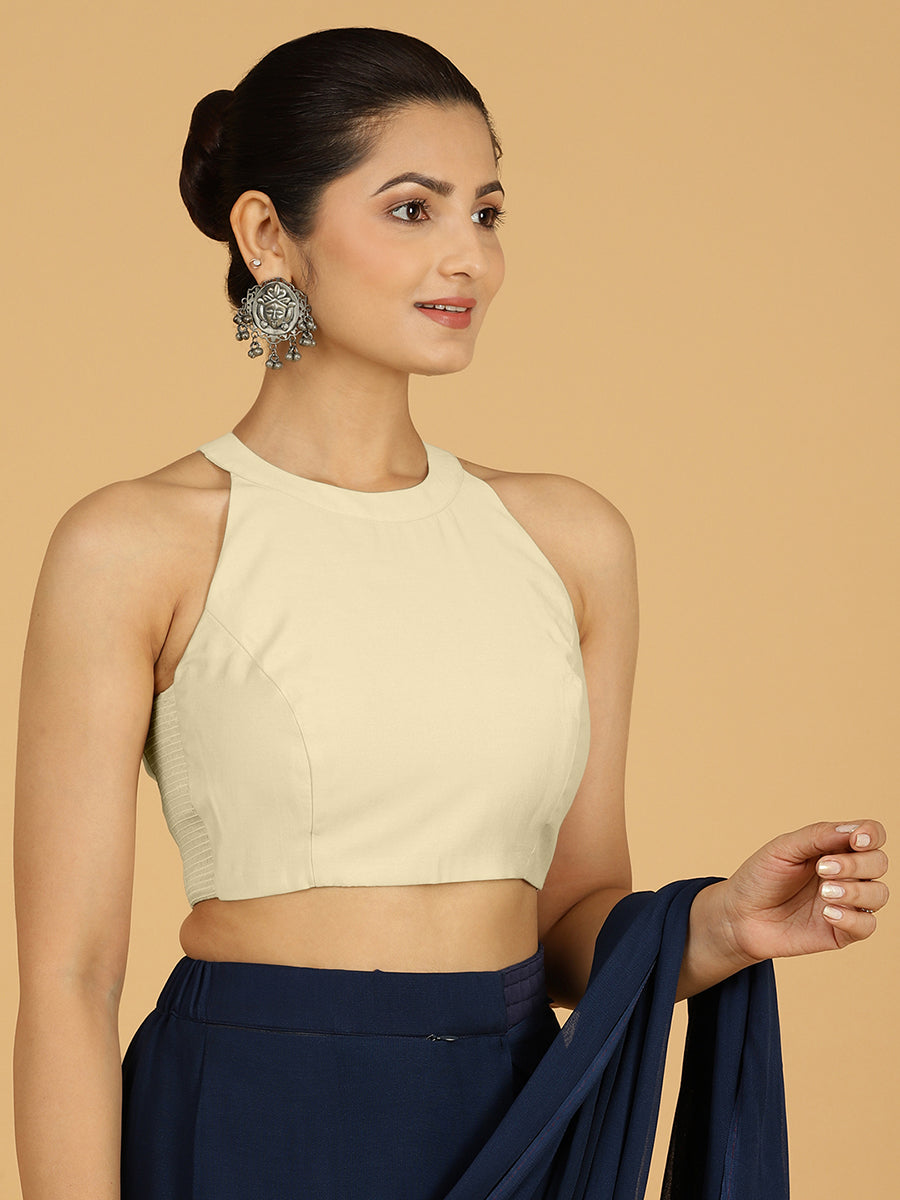 Zubeida x Rozaana Saree Blouse, in White Viscose, featuring sleeveless and halter neckline, made for daily & work (view 6).