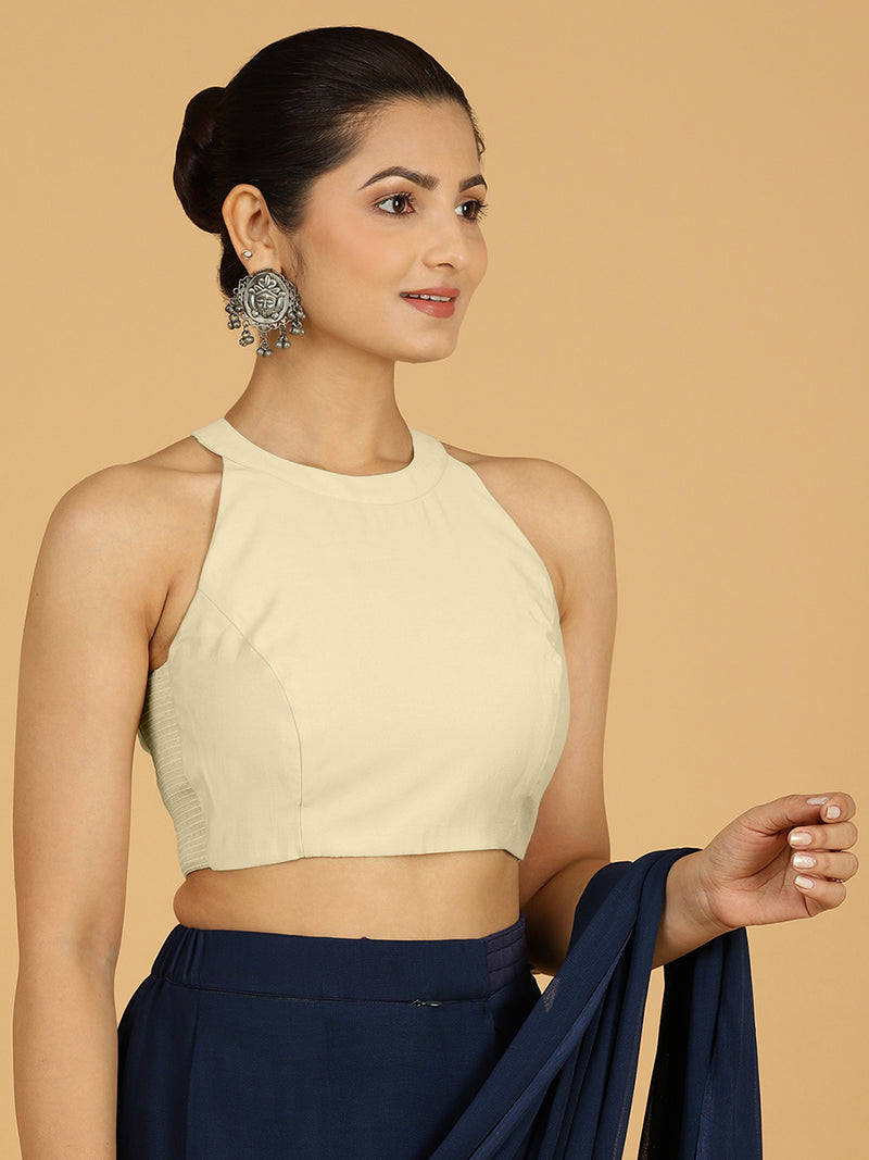 Zubeida x Rozaana | Ivory Sleeveless Halter Neck Saree Blouse-Binks