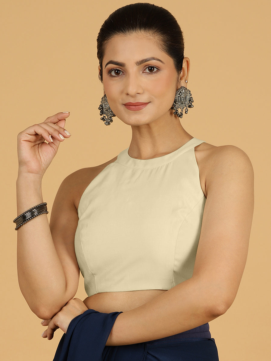 Zubeida x Rozaana Saree Blouse, in White Viscose, featuring sleeveless and halter neckline, made for daily & work (view 8).